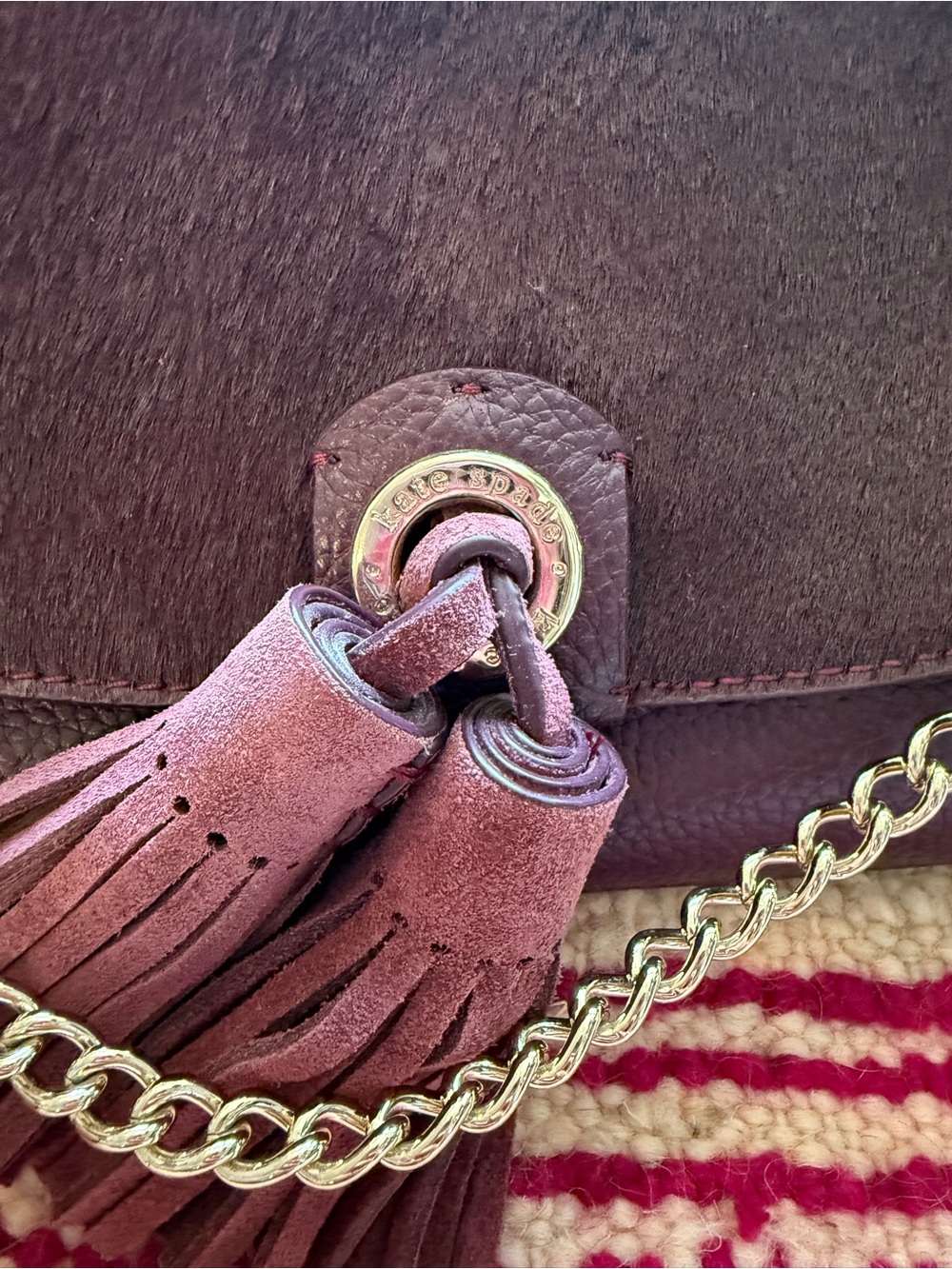 kate spade sequoia crossbody/clutch in plum leather, pony hair w tassel & chain - Picture 4 of 9